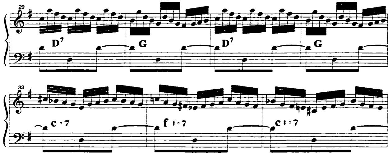 Example 20: Motive c as a pedal tone, Corrente, mm. 29-35.