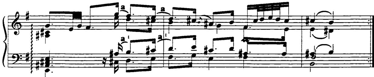Example 27: Motive a at the harmonic changes, Sarabande, mm. 10-12.
