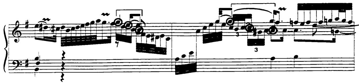 Example 28: The harmonic skeleton in the decorative thirty-second-note passages, Sarabande, mm. 28-29.