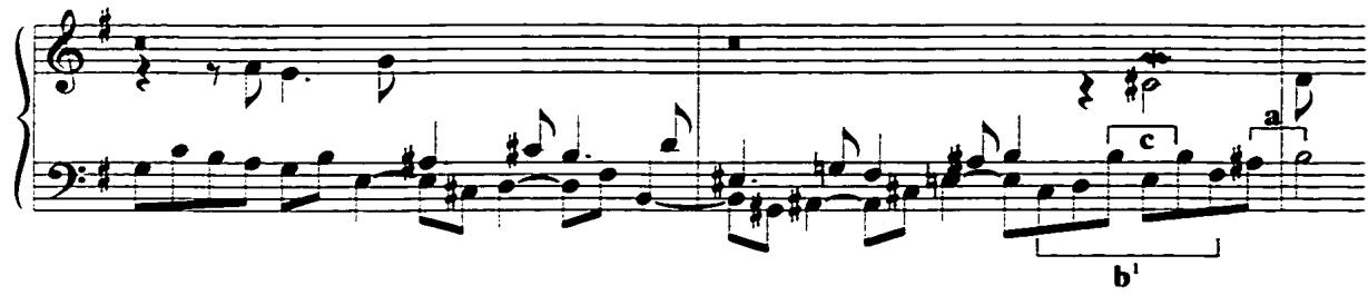 three motives work together to enhance the cadence weakened by the inversion of the subject.；Example 37: The combination of basic motives in the counter-subject, Gigue, mm. 27-28.