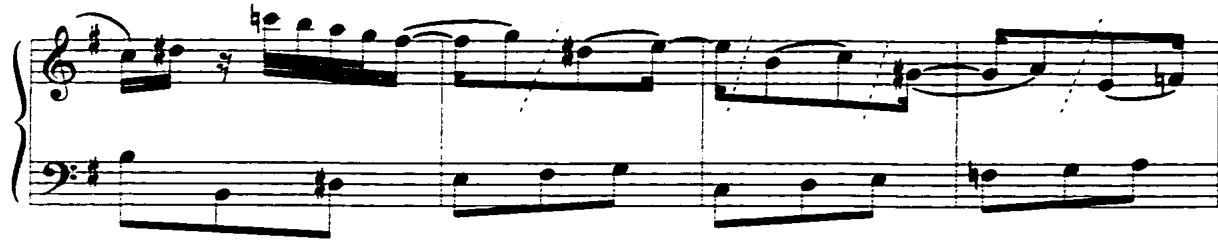 Example 54: Corrente, mm. 12-15.；The dotted rhythm is to be played the same way explained in the Allemanda to achieve clarity. Thirty-second notes in this movement, on the other hand, should be played differently from those in the Allemanda due to its character and the tempo: in the Allemanda, thirty-second notes are to be played quasi legato because they are the part of the melody; however those in the Corrente are to be played with articulation quasi staccato due to its vital and vigorous rhythmic character. Another practical reason behind this choice of articulation can be found in the fast tempo of this dance: if one plays the thirty-second notes legato, one cannot have the clarity of each note.