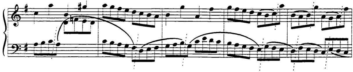The long and fluent eighth-note passage is the unique feature of this movement; it also challenges performers to divide it into several groups, which provide both natural breathing points and musical meaning to the passage. A simple rule of articulation is extremely useful in the process of grouping. Stepwise passages should be played legato. A breathing point or detachment should happen after the last note of the stepwise motion passages and before the leap. The consecutive leaps consisting of a certain triad are the exception to this rule; these should be played legato.；Example 55: Air, mm. 5-9.