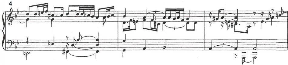 Froberger’s tombeau also explores the falling gesture on various levels, and yet it is more discursive in gestures and richer in texture, giving a sense of irregularity and asymmetry. The composer seems to aim at the constant change or renewal of mood by exploring dissonances, rhythmic intricacy, and textural variety. Nevertheless, the falling gestures prevail and determine the mournful mood (Example 4.1.13): for instance, the descending arpeggio towards the long and lowest notes (A in bar 6, and the implied arpeggio towards Bb in bar 10), a falling leap (bar 4), a descending scale (bar 11), and a descending chromatic line (bars 24-26). Among the numerous units of small-value notes characteristic of the allemande, descending motion evidently outweighs the ascending. Example 4.1.13. Froberger, Tombeau.；(a) bars 4-6.