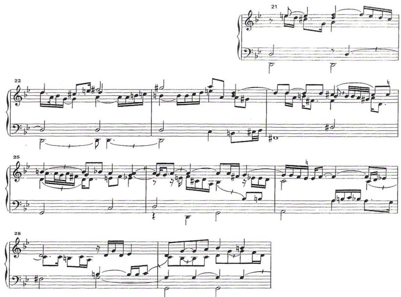 (c) bars 21-29.；Apart from the overall affective quality derived from the falling gestures, the second section contains a meditative and self-contained segment: a melodic curve in a scale on G without a sharpened leading note gives the impression of digression from tonality; and this melodic curve is followed by a declamatory line in the inner voices against a straightforward $\mathrm { V } _ { 7 } { - } \mathrm { I }$ harmonic progression (Example 4.1.14.a). In the next three bars, this segment is literally repeated in the key of D, making a link to the pedal D of the following passage. A similar idea is found in the same composer’s Lamentation: an ascending scale without a sharpened leading note is followed by a declamatory line in a contrasting texture (Example 4.1.14.b).
