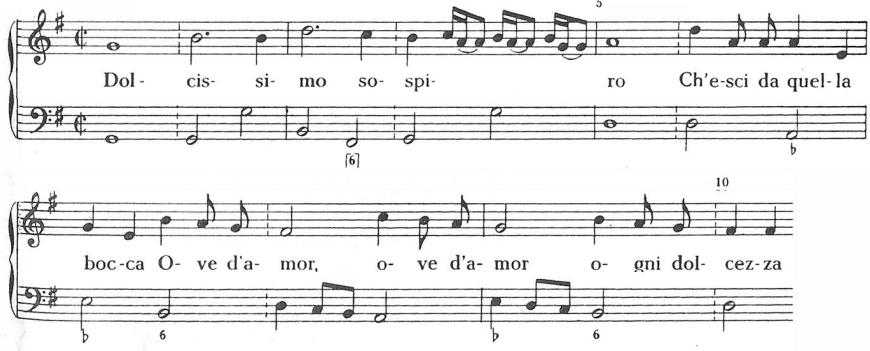 Example 4.2.2. Caccini, Dolcissimo sospiro, from Le nuove musiche, bars 1-10.