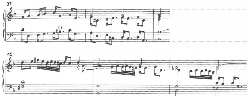 (d) Froberger, Toccate VI da sonarsi alla Levatione (1649), bars 37-39 and 45-47.