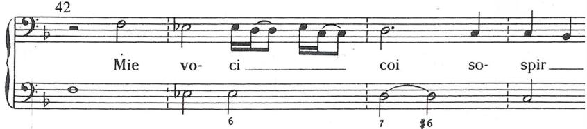 Example 4.2.5. Caccini, Chi mi confort’ahimè, from Nuove musiche, bars 42-45.