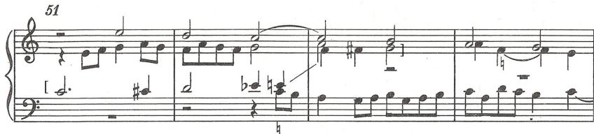 Example 4.2.7. (a) Frescobaldi, Capriccio I sopra ut, re, mi, fa, sol, la, bars 51-54.