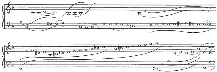 (b) Louis Couperin, Prélude in F major, ${ \pmb 8 } ^ { \mathrm { t h } }$ and ${ \bf { 9 } } ^ { \mathrm { { t h } } }$ lines.；In all, the development of the unmeasured prelude reveals both functional and aesthetic concerns: this genre is the product of a scientific search for sonority and instrumental mechanism on the one hand, and reflects a liberal attitude to the temporal and tonal elements within the boundary of the conventional figures and harmonies on the other. From this perspective, the two views on the origin of the unmeasured prelude are not incompatible: they both suggest the important status of this genre as a vehicle for artistic license based on the expressive ideal and on technical virtuosity. Its introspective and improvisatory quality is shared by other solo instrumental genres, the toccata in particular.