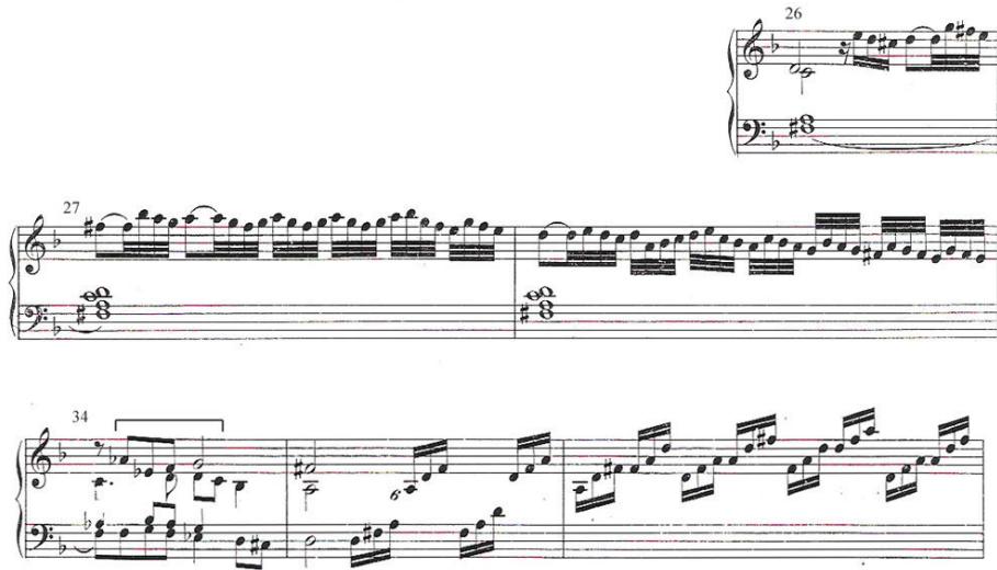 (b) Kuhnau, Saul Malinconico, bars 26-28, and 34-36.