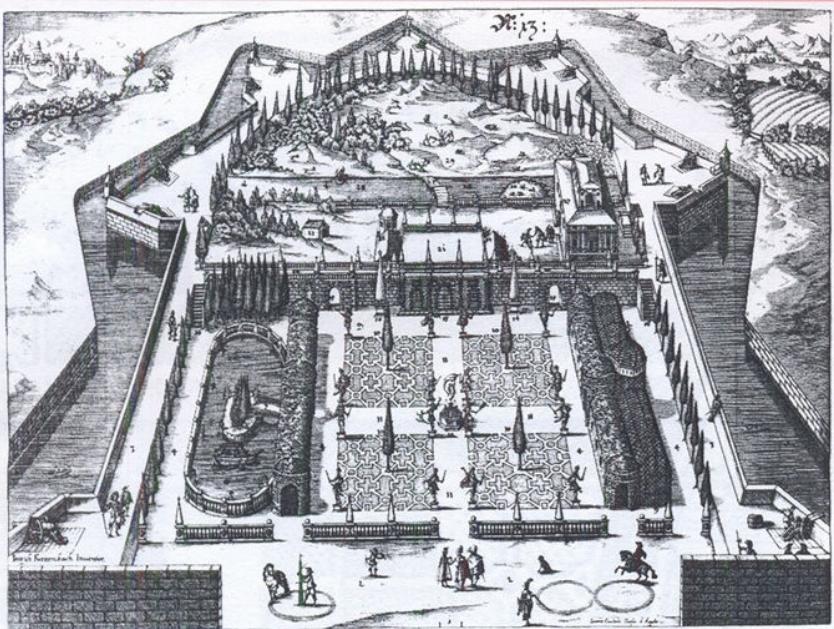 Figure 4.3.3. (a) Joseph Furttenbach, Imaginary garden from Architectura civilis (1628).；Figure 4.3.3. (b) The Villa Morosini at Sant’ Anna Morosina, Padua, a print drawn by N. Cochin and engraved by Martial Desbois (Venice, 1683).27