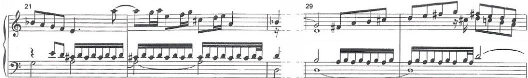 Example 4.3.2. Froberger, Toccata VI da sonarsi alla Levatione, bars 21-22 and 29-30.