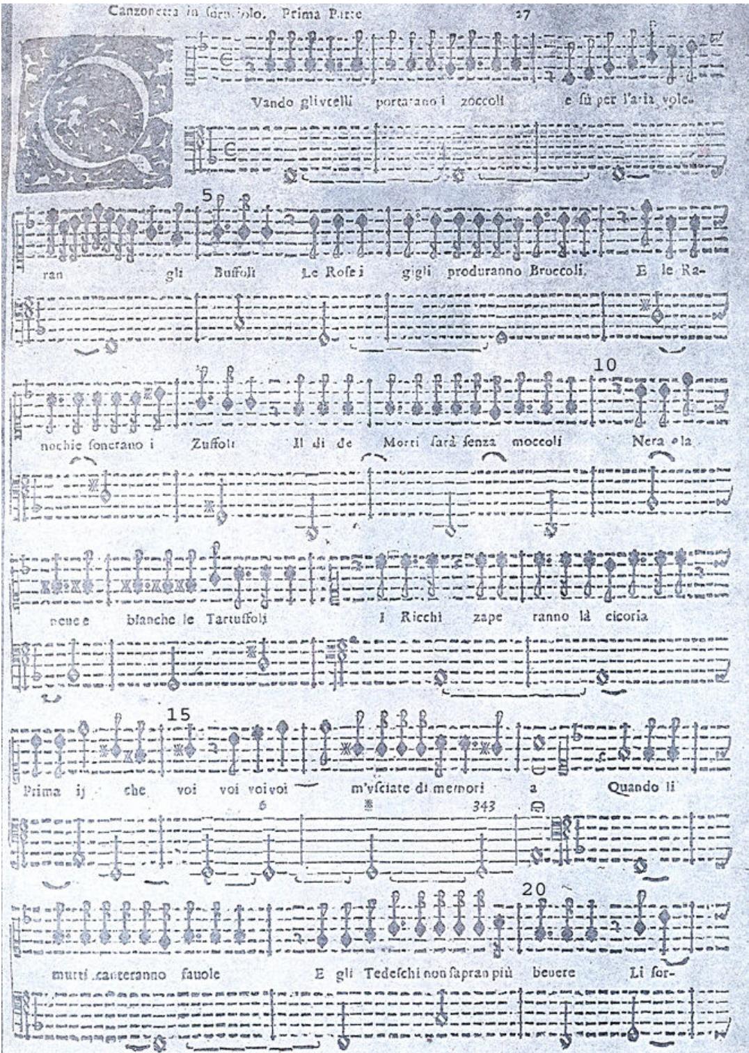 Example 4.3.4. Tarquinio Merula, Quando gli ucceli potananno i zoccoli, First two stanzas.