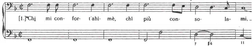 Example 4.3.6. Caccini, Chi mi confort’ahimè, from Nuove musiche, (a) bars 1-6.
