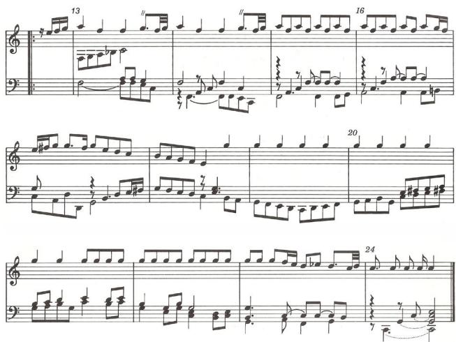 Example 4.3.13. Johann Adam Reincken, Holländische Nachtigall, bars 13-24.；Reincken’s command of such instrumental idioms is based on his experiments
