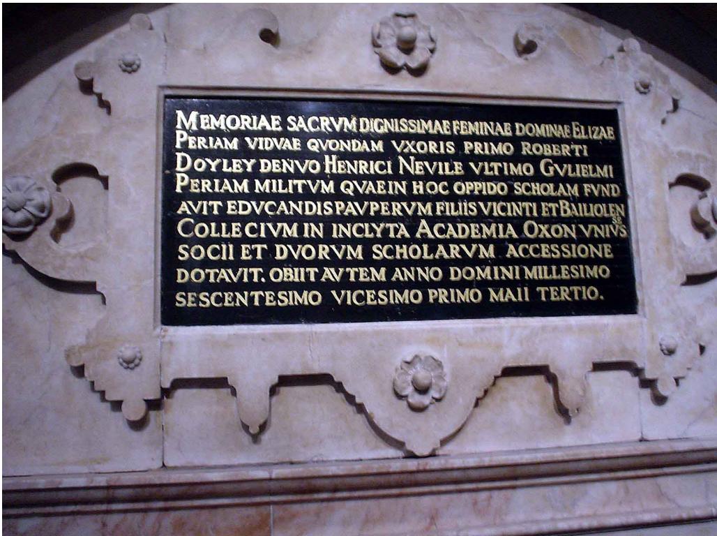 Abb. 6. Detail von Abb. 4: Gedenktafel für Elizabeth Periam. Darin werden ihre drei Ehemänner sowie ihre Stiftungen in Henley und Oxford genannt.