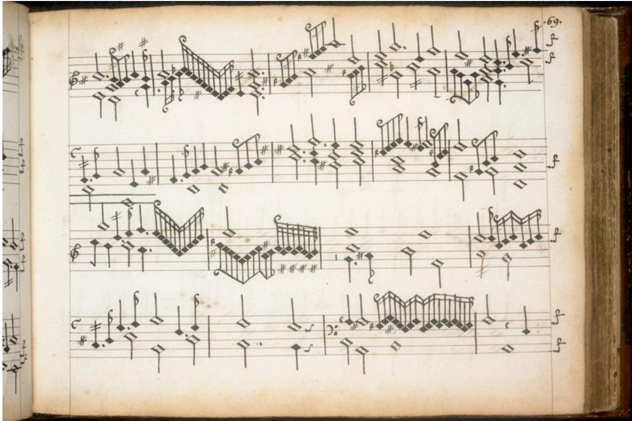 Abb. 8. Folio 69r9, Dritte Pavane: Im drittletzten Takt des Folio (T. 59) ist das erste $g ^ { \prime }$ der im Alt stattfindenden, diminuierten Diskantklausel nachträglich erhöht worden. Im letzten Takt sind im Alt Ergänzungen der Stimmführung vorzufinden.
