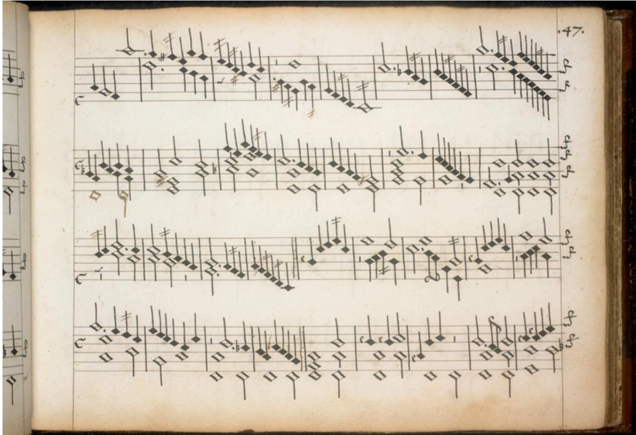 Abb. 10. Folio 47r, Hunt´s up: Im ersten vollständigen Takt des Folio (T. 37) ist ein Kreuz vor dem f in der linken Hand hinzugefügt worden. Im Halbtakt davor (T. 36) ist der offenbar vergessene Ground-Bass hinzugefügt worden. Im vierten Takt der linken Hand im unteren System (T. 48) wurde ein $, \boldsymbol { \mathsf { b } } ^ { \boldsymbol { \mathsf { n } } }$ hinzugefügt.