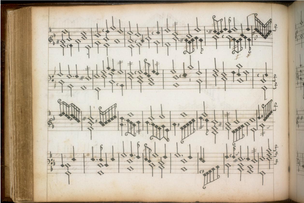 Abb. 13. Folio 59v, Erste Pavane: Im letzten (Halb)takt des ersten Systems wurde im Diskant der Ton g´ hinzugefügt: die Ultima der im Takt davor stattfindenden Diskantklausel.