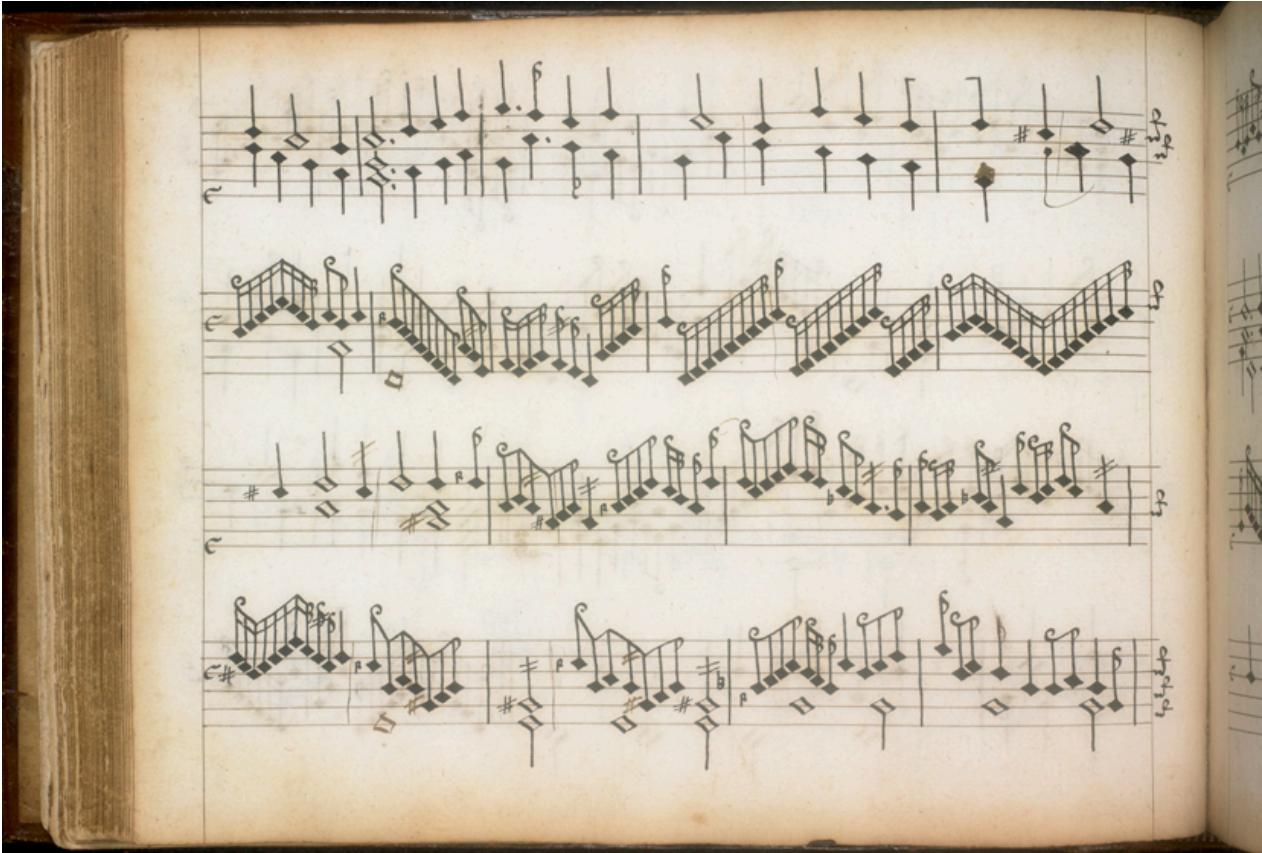 Abb. 14. Folio 50v, Hunt´s up: Im letzten Takt der rechten Hand des oberen Systems wurde das $d ^ { \prime }$ im Alt zu $\acute { e }$ korrigiert und das darauf folgende $\acute { a }$ metrisch richtig positioniert. An mehreren Stellen sind metrische Korrekturen durch hinzugefügte Taktstriche zu erkennen. In der linken Hand sind in beiden Systemen, jeweils im zweiten Takt, Hinzufügungen von fehlenden Tönen in der Basslinie zu finden.