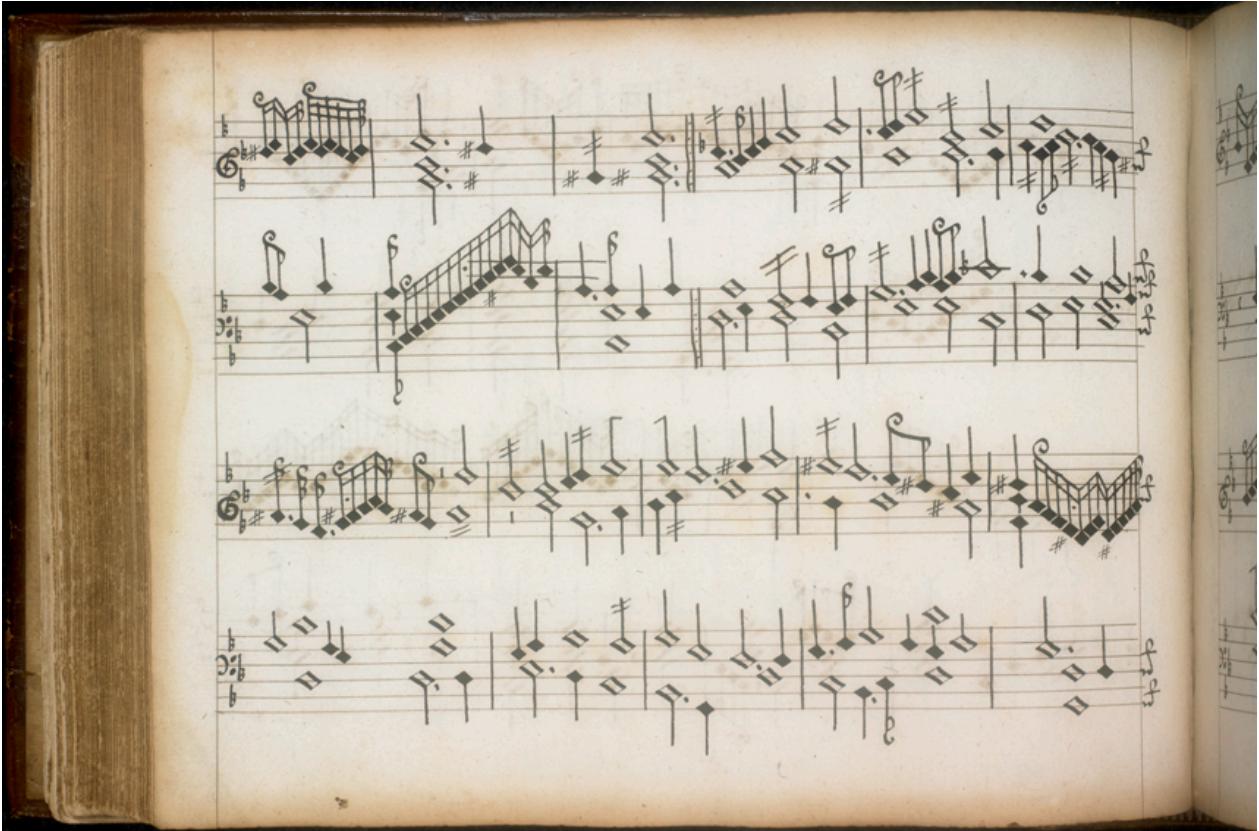 Abb. 15. Folio 76v, Fünfte Pavane: Zwischen dem zweiten und dem dritten vollständigen Takt des Folio hat der Korrektor einen einfachen Taktstrich Baldwins in einen Doppelstrich verwandelt, um die Grenzen der formalen Einheiten zu markieren. Der braune Strich und die Punkte des Korrektors sind links von Baldwins schwarzem Strich zu sehen.
