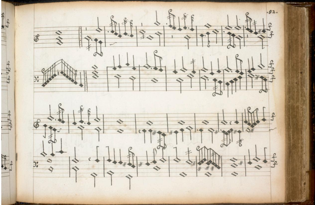 Abb. 16. Folio 82r, Sechste Pavane: Kinborough Good: Am Ende des zweiten Systems, im dritten Takt des ersten und im ersten Takt des zweiten Systems sind, jeweils im Alt, hinzugefügte Wächter-Zeichen zu sehen. Auch Tonhinzufügungen können beobachtet werden: In der linken Hand wurde am Anfang des zweiten Systems (T. 40) die Quint d-a im Bass hinzugefügt. Im letzten Takt des Folio (T. 47) wurde im Alt das d´ hinzugefügt: die Ultima einer Diskantklausel. Alle Korrekturen sind in schwarzer Tinte vollzogen worden.