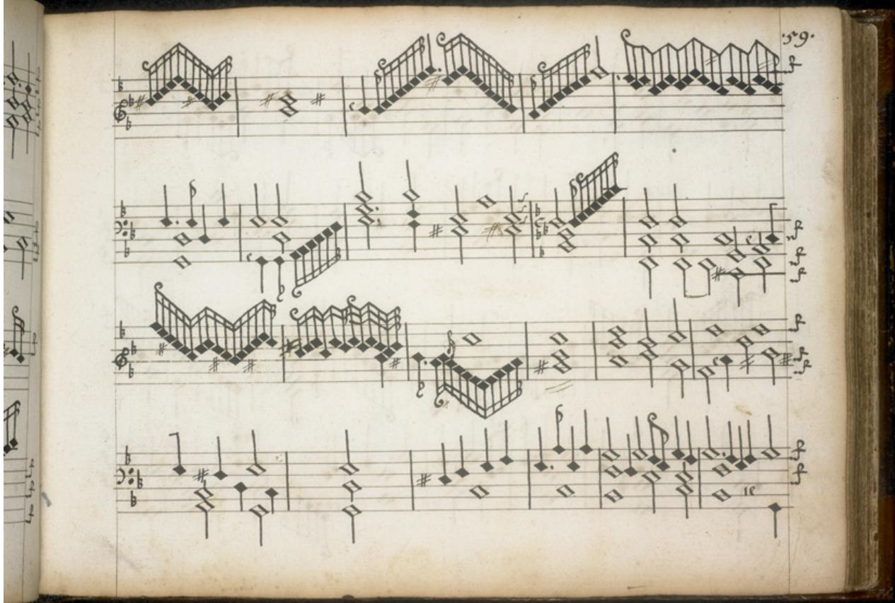 Abb. 25. Folio 59r, Erste Pavane: Im drittletzten Takt (T. 25) sieht man eine charakteristische hinzugefügte Terzverzierung. Im Takt zuvor sind Korrekturen in Baldwins eigener Handschrift zu sehen. In den ersten Takten der rechten Hand sind hinzugefügte Kreuze (=Auflösungszeichen) vor b´ zu erkennen: Durch die Durterz des Schlussklangs wird die „korrekte“ Klanglichkeit erzielt. Im dritten Takt des Folio wird in virtuosen Diminutionen ebenfalls ein klanglich relevantes $\acute { e }$ durch Erhöhung/Auflösung des $\tt e s ^ { \prime \prime }$ erreicht.