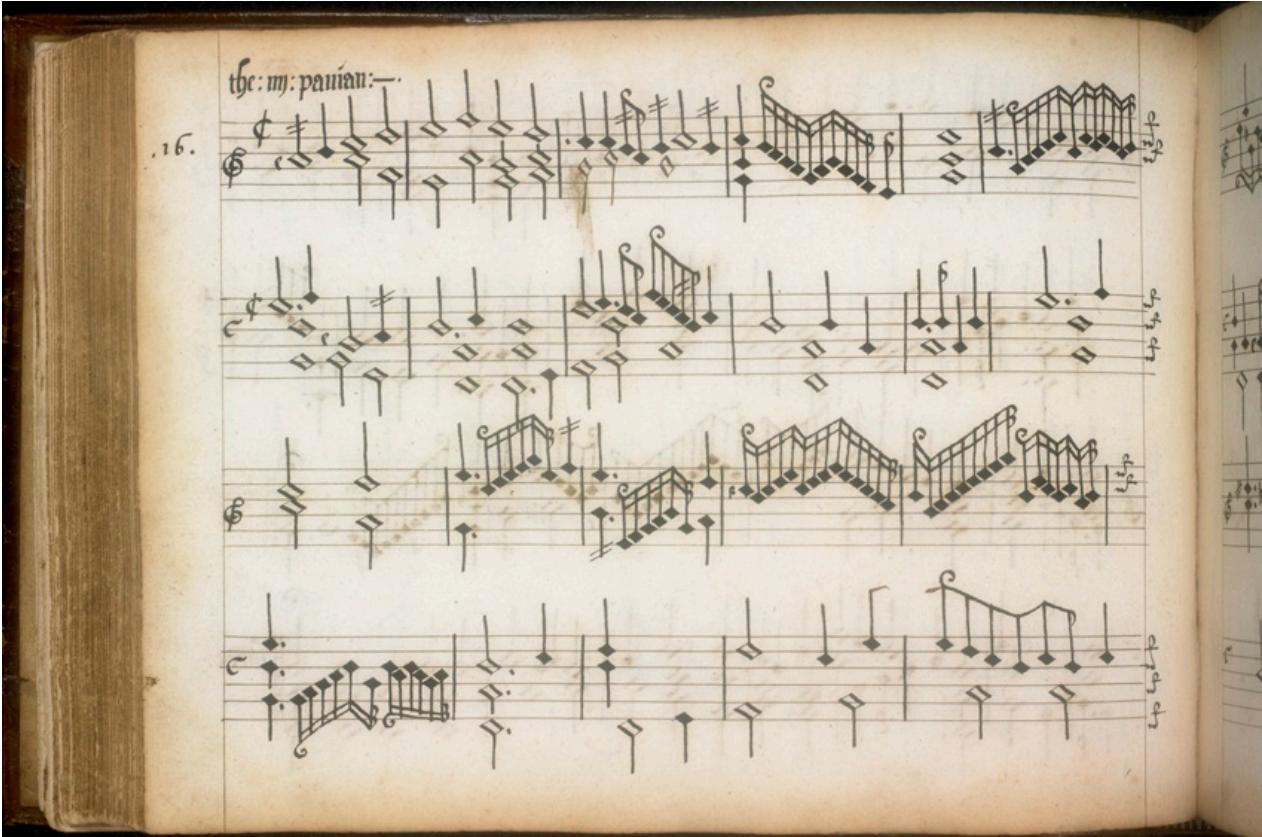 Abb. 27. Folio 72v, Anfang der Vierten Pavane: Im dritten Takt ist die gesamte Altlinie nachträglich hinzugefügt worden. Die Hinzufügungen besitzen sowohl klangliche als auch stimmführungstechnische Relevanz.