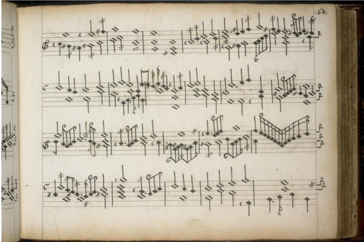 Abb. 29. Folio 68r, Dritte Pavane: Die besprochenen Korrekturen in der Stimmführung sind im ersten Takt des zweiten Systems zu finden (T. 33).