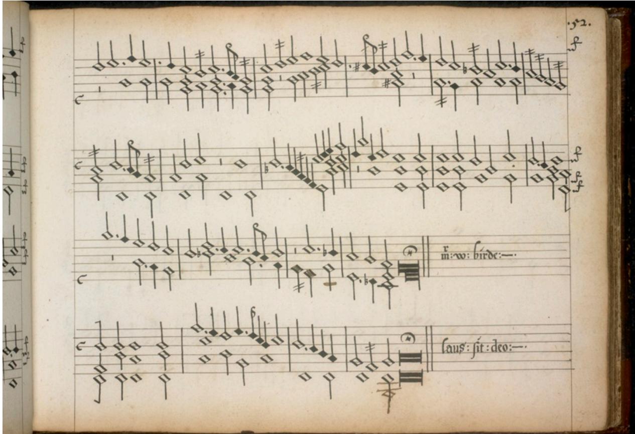 Abb. 30. Folio 52r, Hunt´s up: Im letzten/vorletzten Takt ist das F im Bass hinzugefügt worden. Im Takt zuvor wurden die ersten beiden Noten der Altstimme, die zunächst als Halbe notiert waren, in Viertel transformiert.