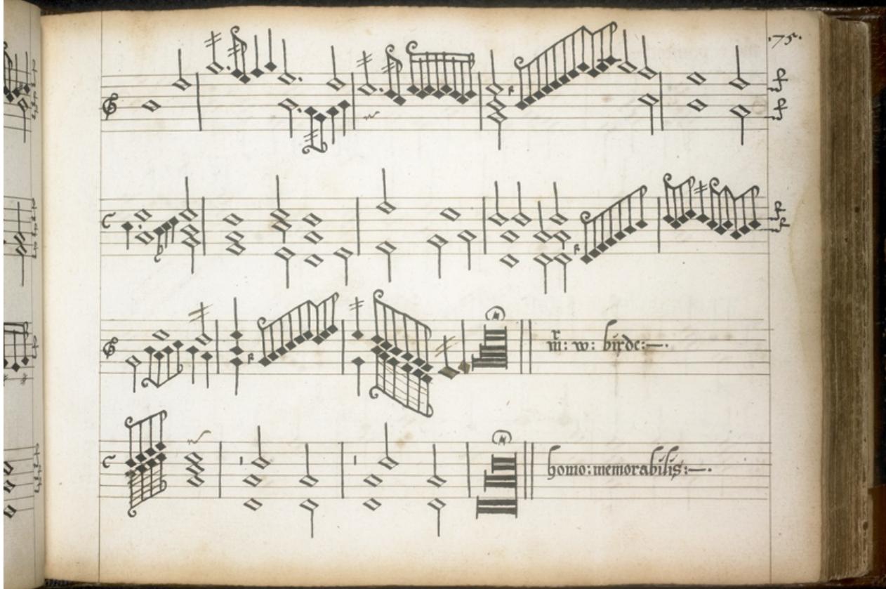 Abb. 31. Folio 75r, Vierte Pavane: Die Korrekturen befinden sich im unteren Doppelsystem. Der Transitus regularis d´, der vorletzte Ton der rechten Hand, ist so hinzugefügt worden, dass der Korrektor nur den Notenkopf neu schrieb und den Taktstrich Baldwins als Notenhals verwendete.