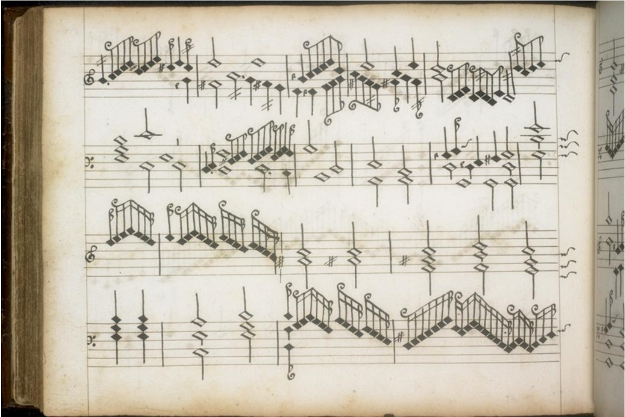 Abb. 37: Folio 176v, Munsers Almaine: Am Ende des drittletzten Taktes (T. 66) ist ein Sechzehntel g´ hinzugefügt worden. Der Korrektor nutzte Baldwins Taktstrich, um den eigenen Notenhals zu schreiben. Danach schrieb er einen neuen Taktstrich, ohne das darauf folgende Kreuz zu überschreiben.