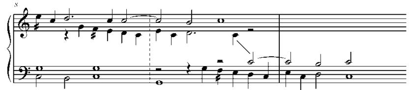 Abb. 40. Voluntary (MLNB Nr. 42): Der Wechsel aus dem Äolischen ins Hypojonische beginnt im Diskant in T. 7, während der Tenor und der Bass noch eine Klausel auf A-a vortragen.