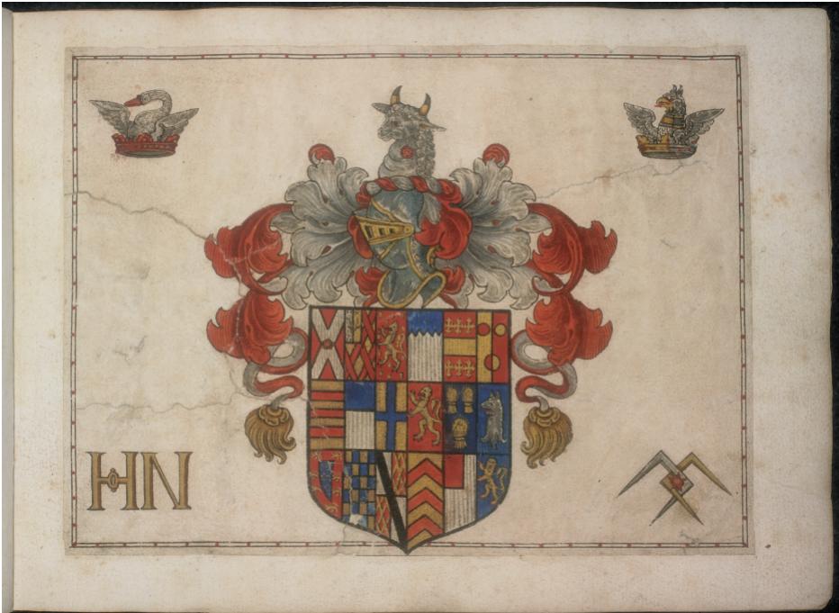 Fig. 2 Anon., Sir Henry Neville’s coat of arms from My Ladye Nevells Booke, 1591, ink and gold on paper, approx. 19.5 ¥ 27.5 cm (reproduced with the permission of the British Library Board. All rights reserved)