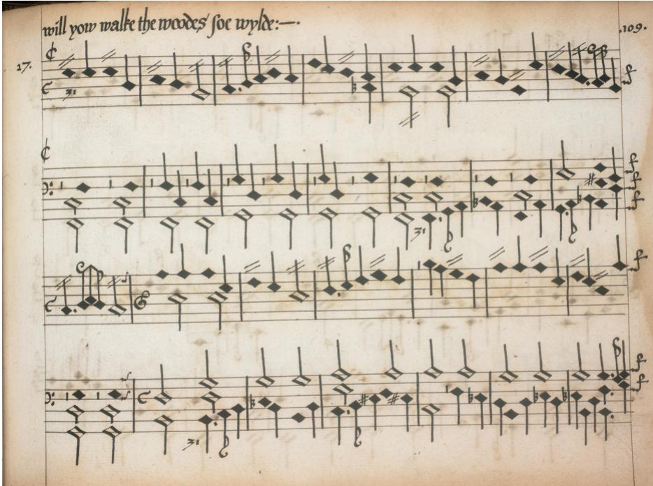 Fig. 3 William Byrd (copied by John Baldwin), ‘Will yow walke the woodes soe wylde’, My Ladye Nevells Booke, 1591, fol. 109. Ink on paper, approx. 19.5 ¥ 27.6 cm, Windsor (reproduced with the permission of the British Library Board. All rights reserved)