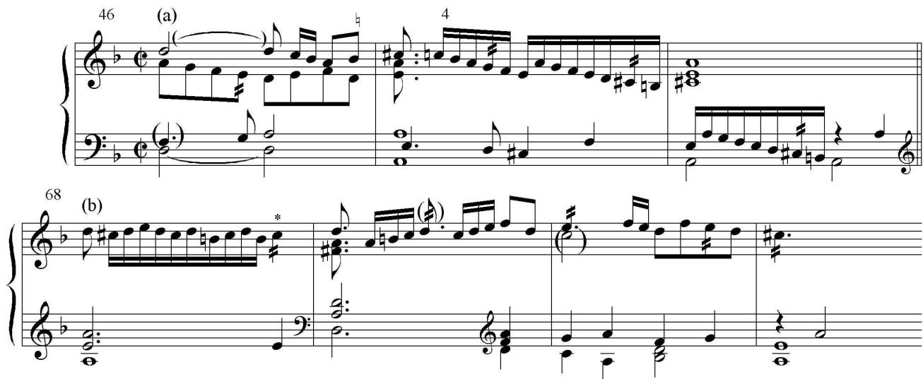 Ex. 16. Byrd, “Lachrimae” Pavan, (a) mm. 46–8, (b) mm. 68–71