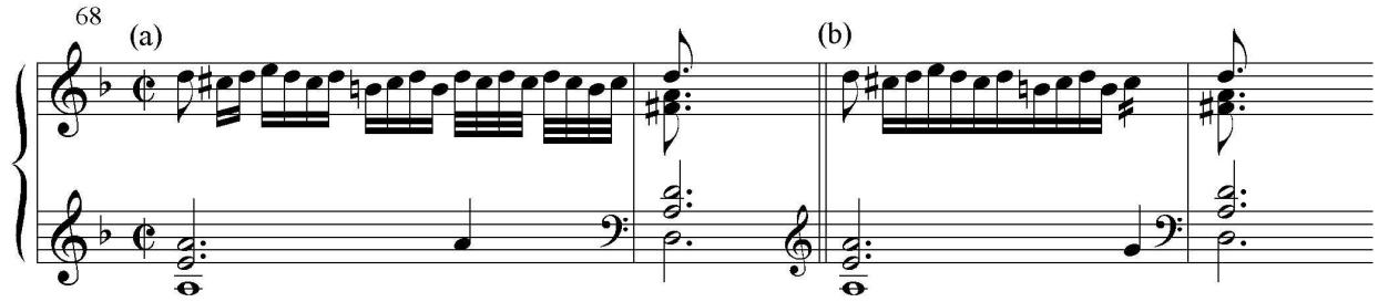 Ex. 21. Byrd, “Lachrimae” Pavan, mm. 68–9, versions of (a) Tr and (b) Fo before correction