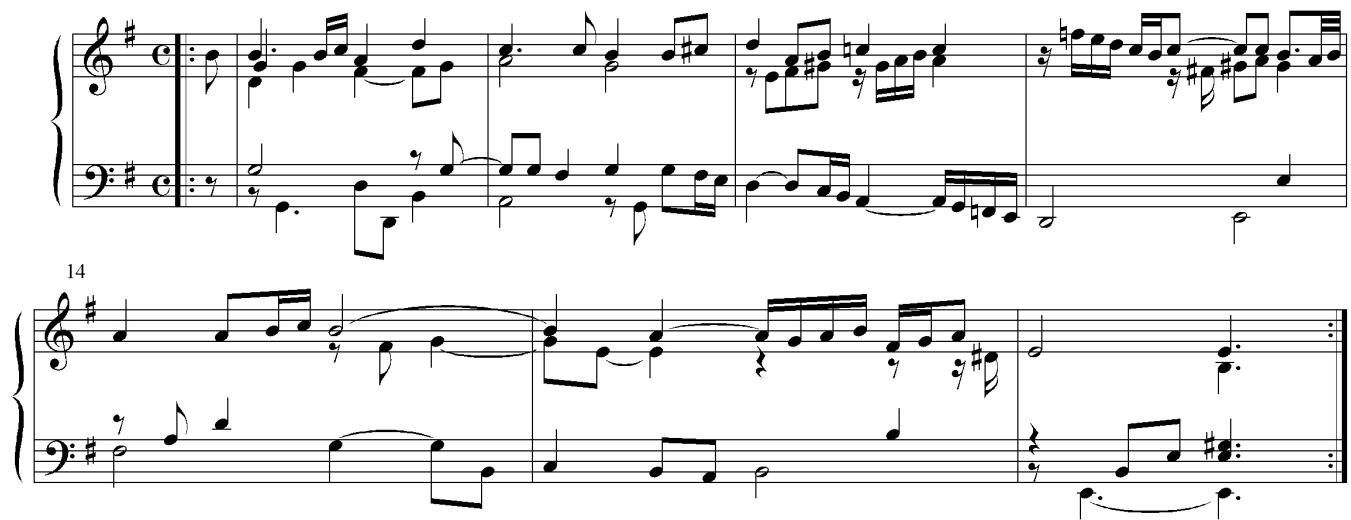 Example 8. Suite 23, allemande, conclusion, chiefly from “Grimm,” without ornament signs；Example 9. Suite 7, allemande, middle of second strain, from “Libro $4 ^ { \circ }$
