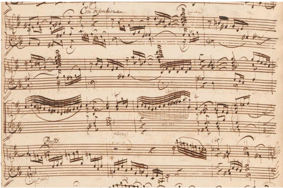 Example 3. Johann Sebastian Bach, Toccata in D, BWV 912, passage “con discretione,” from P 289 (with transcription of mm. 111–21)
