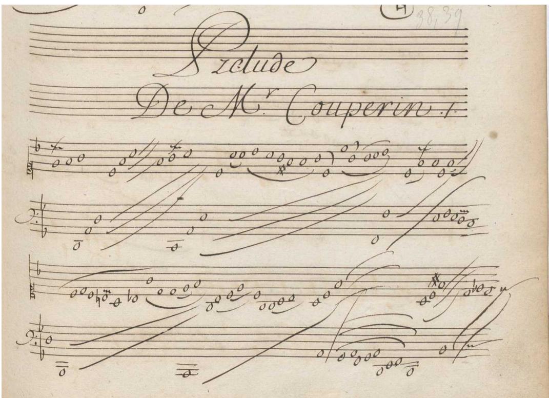 Example 16. Louis (?) Couperin, Prélude in F (G. 13), opening, from the Bauyn ms (with transcription and analysis)