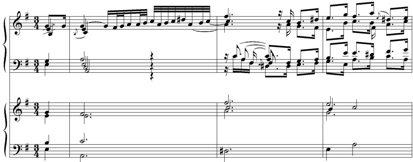 Example 21. J. S. Bach, Partita no. 6 in E minor, BWV 830, movement 5 (sarabande), opening, with analysis