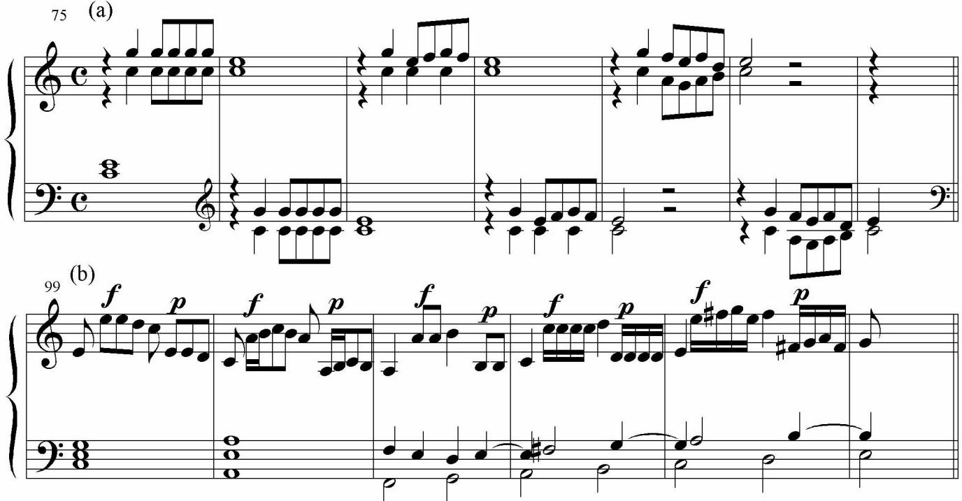 Example 2. Sweelinck, Echo Fantasia in C, (a) echo passage, mm. 75–85; (b) “solo” for upper manual (with echo dynamics), mm. 99–104