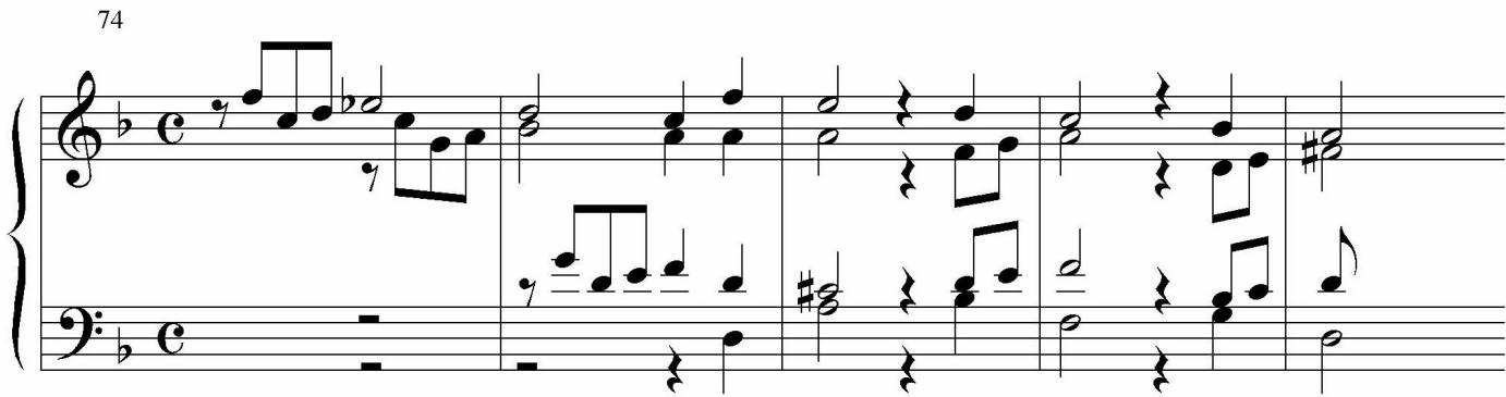 Example 4. Franz Tunder, Praeludium in g, (a) mm. 20–27, (b) mm. 74–81