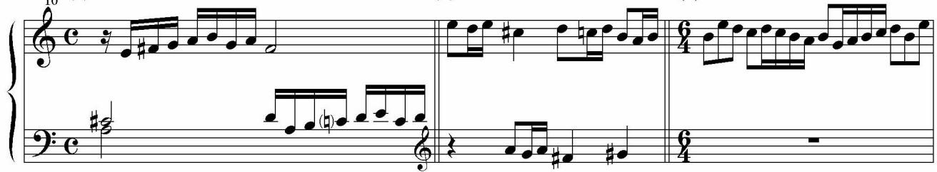 Example 7. Johann Jacob Froberger, Toccata 12 in a, (a) m. 10, (b) m. 28, (c) mm. 40–41, (d) mm. 55– 58；(a)；(b)；(c)