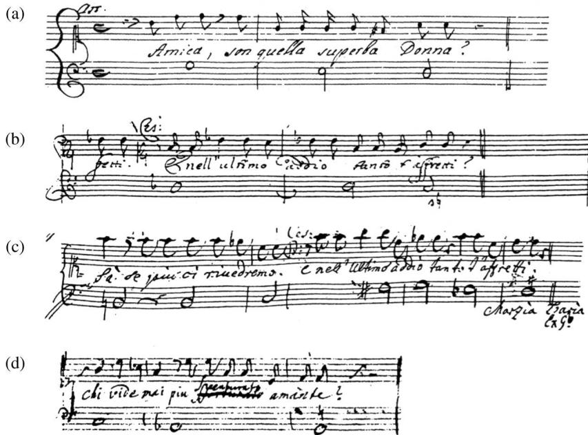 39 (a) Gasparini, Bajazet; (b) Leo, Catone in Utica, p.166; (c) Handel, Catone, p.122; (d) Handel, Tamerlano, f.39r