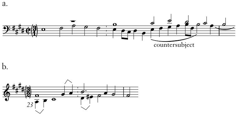 Example 13；snap $\mathrm { B } { \setminus } \mathrm { F } \sharp { \ne } \mathrm { - B }$ , and the syncopated half notes—these will all work magic over the course of the Fugue in E Major. What is left of the phrase consists of a spacious cadence on the dominant, a peaceful gesture, coming as it does so close to the beginning of the composition.