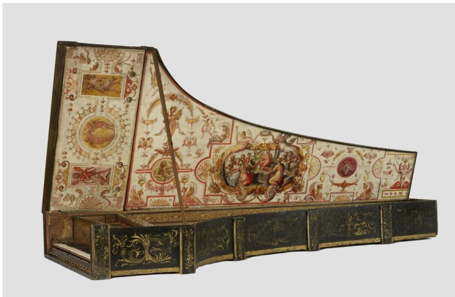 Fig. 30: Benedetto Floriani, Virginal, 1571, Grassi Museum, Leipzig, 33 (Photo: H. Pollerus).；Fig. 31: Giovanni Antonio Baffo, Harpsichord, 1574, Victoria and Albert Museum, 6007:1 to 3-1859; https://collections.vam.ac.uk/item/O58982/baffo-harpsichord-harpsichord-baffo-giovanni-antonio/?carousel-image=2006AY2277 (accessed on 4 March 2025).