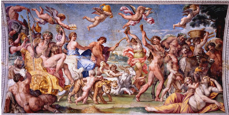 Fig. 42: Annibale Carracci, Triumphal Procession of Bacchus and Ariadne, ceiling fresco of the Galleria Farnese, c.  1600, Rome; <https://commons.wikimedia.org/wiki/File:Rome_Palazzo_ Farnese_ceiling_Carracci_frescos_04.jpg> (accessed on 4 March 2025).