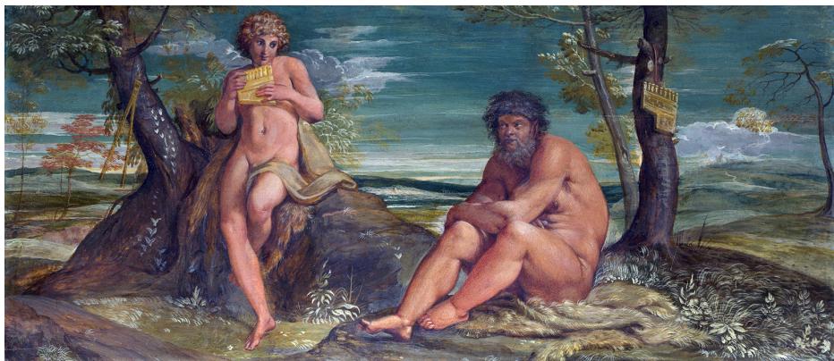 Fig.  44: Annibale Carracci, Marsyas and Olympus, 1597–1600, oil/wood, 34.4 x 84.2  cm, Nationa Gallery, London, NG94; https://www.nationalgallery.org.uk/paintings/annibale-carracci-marsyasand-olympus (accessed on 4 March 2025).