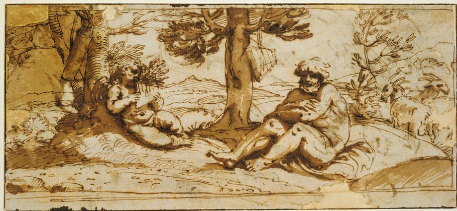 Fig. 45: Annibale Carracci, Flute-Playing Cupid and Silenus in an Arcadian landscape, c. 1597–1600, pen and chalk washed/paper, 10.8 x 23.6  cm, Städel Museum Frankfurt, 642; <https://www. staedelmuseum.de/go/ds/462z> (accessed on 4 March 2025).